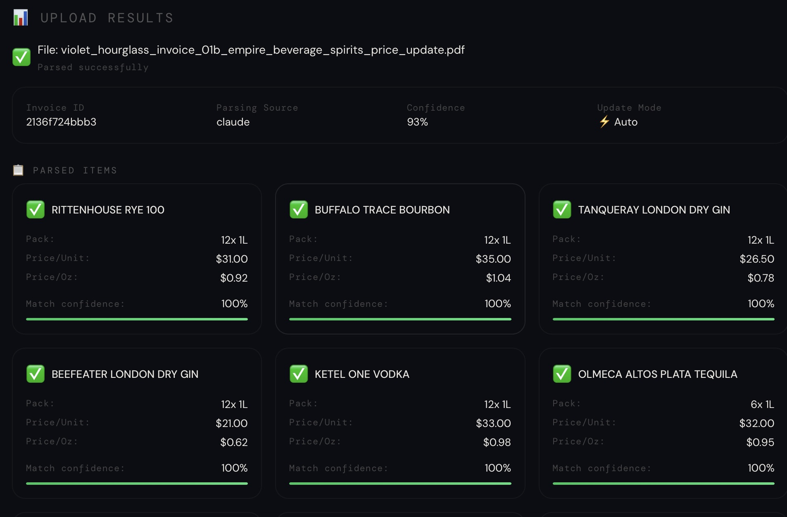 PourCast invoice upload results with parsed items and match confidence